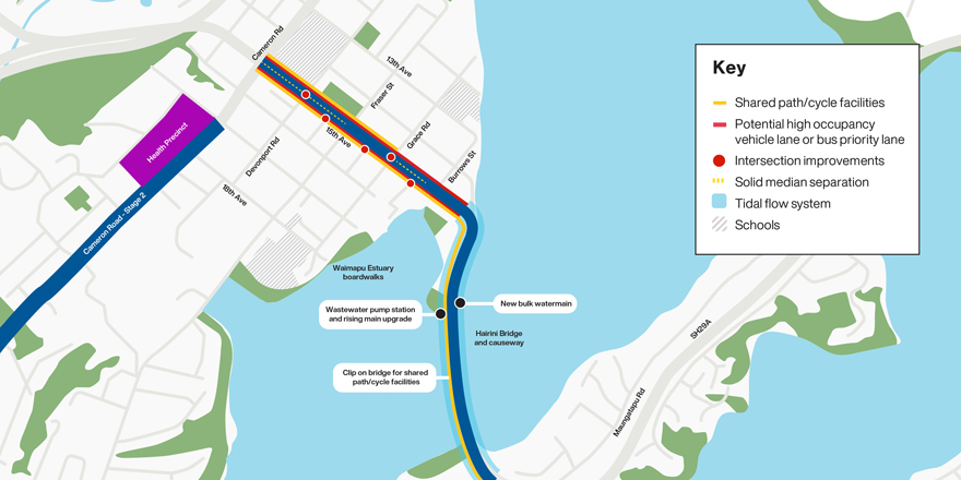 Fifteenth Avenue, Turret Road and Hairini Bridge and causeway improvements map